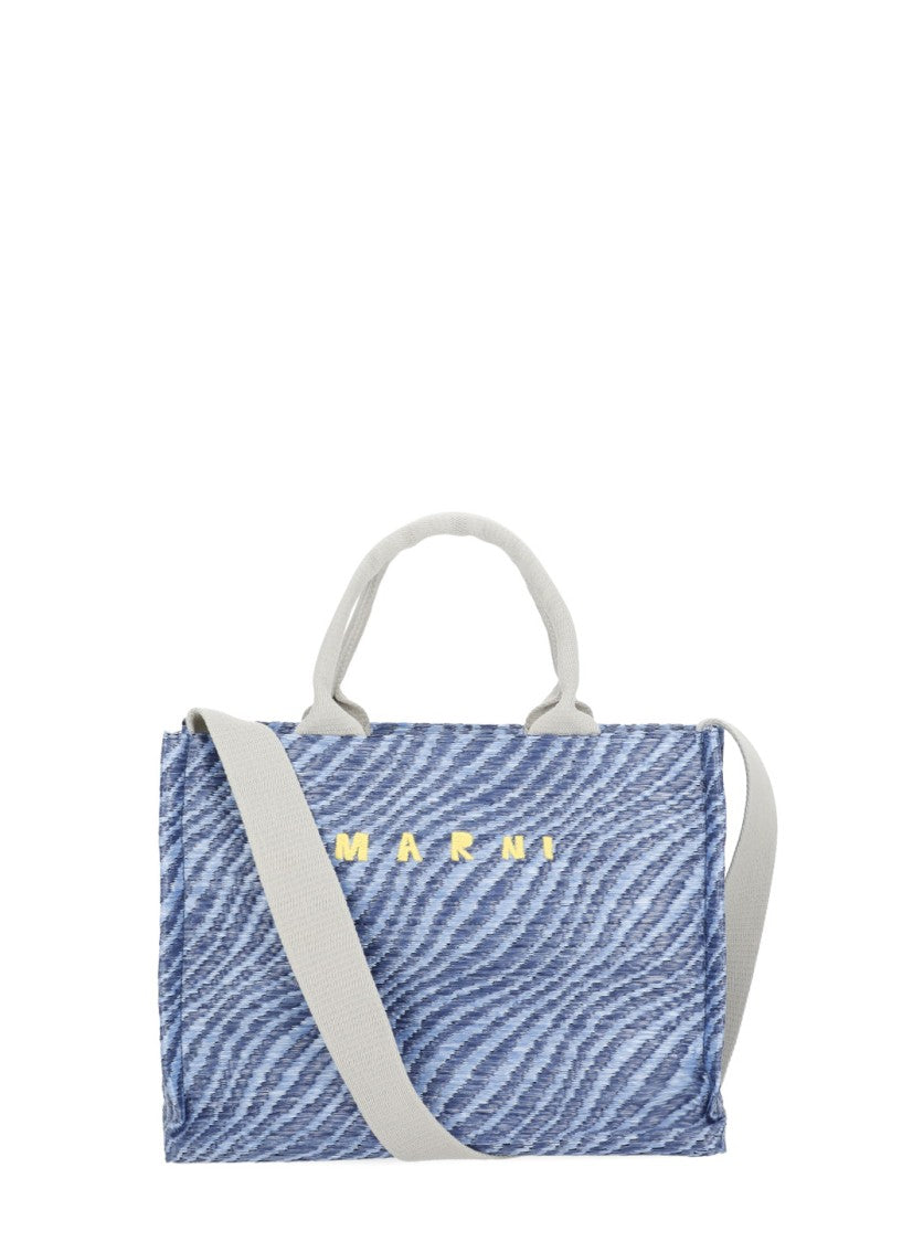 Marni Textured Blue Shopping Bag With Contrasting Embroidered Logo