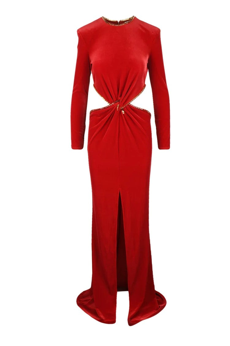 Red Carpet E. Franchi Velvet Dress With Slit - Red