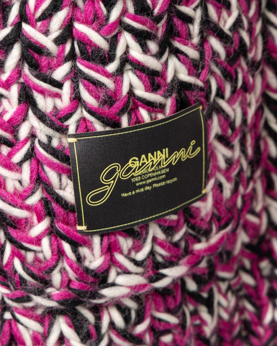 Ganni Graphic Purple Fringe Wool Handknit Cardigan