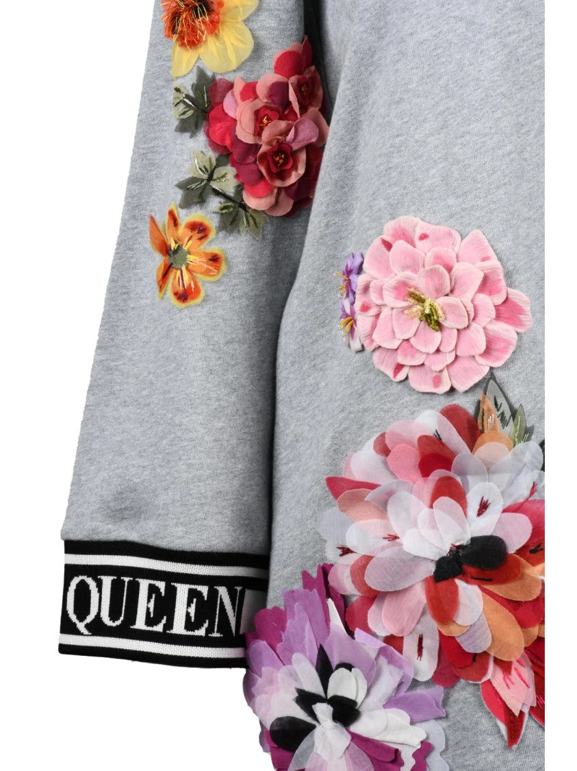 Dolce & Gabbana Grey Floral Appliques Crewneck Cotton Sweatshirt