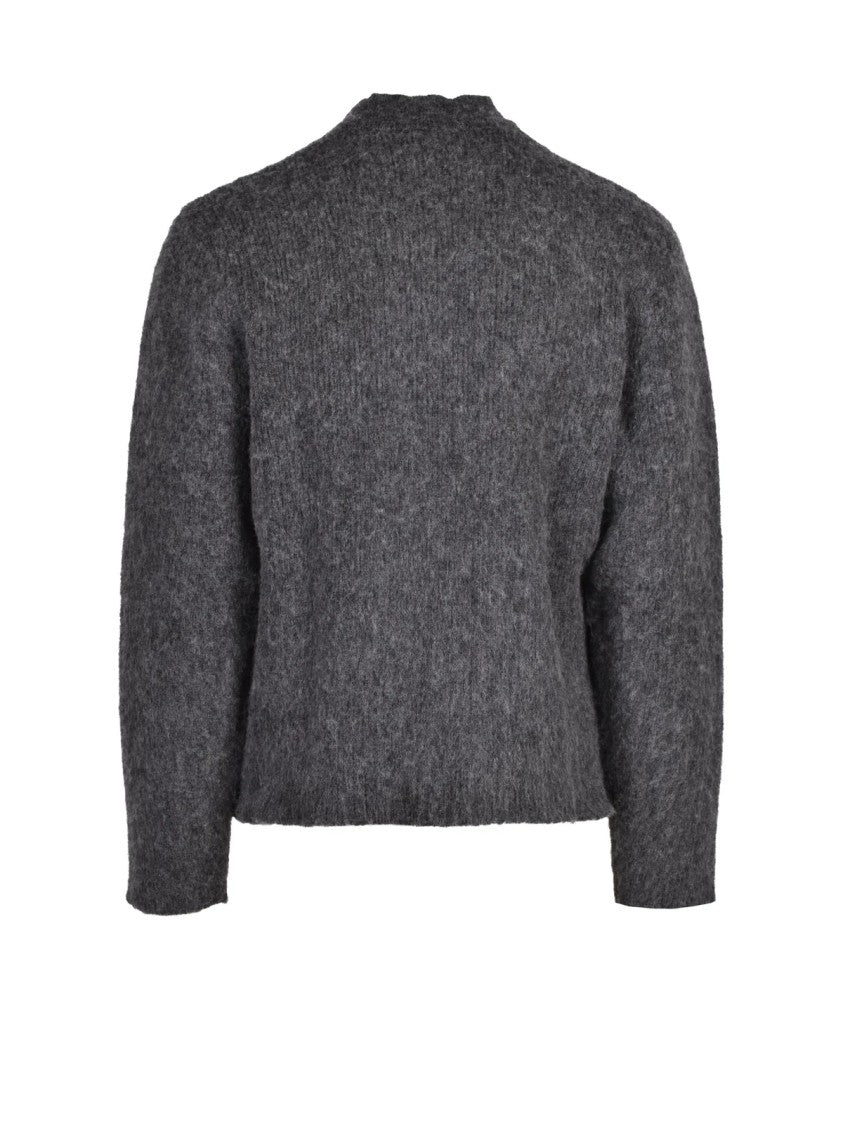 Aspesi Grey Textured Knit Crew Neck Wool Cardigan