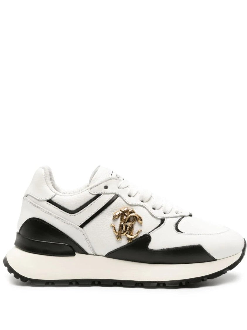Roberto Cavalli White Cow Leather Sneakers With Black Accents