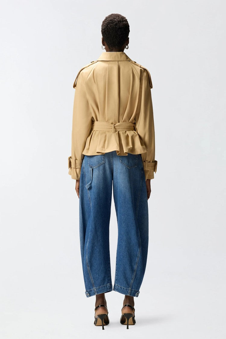 Pinko Beige Self-Belted Epaulettes Cropped Cotton Trench Jacket