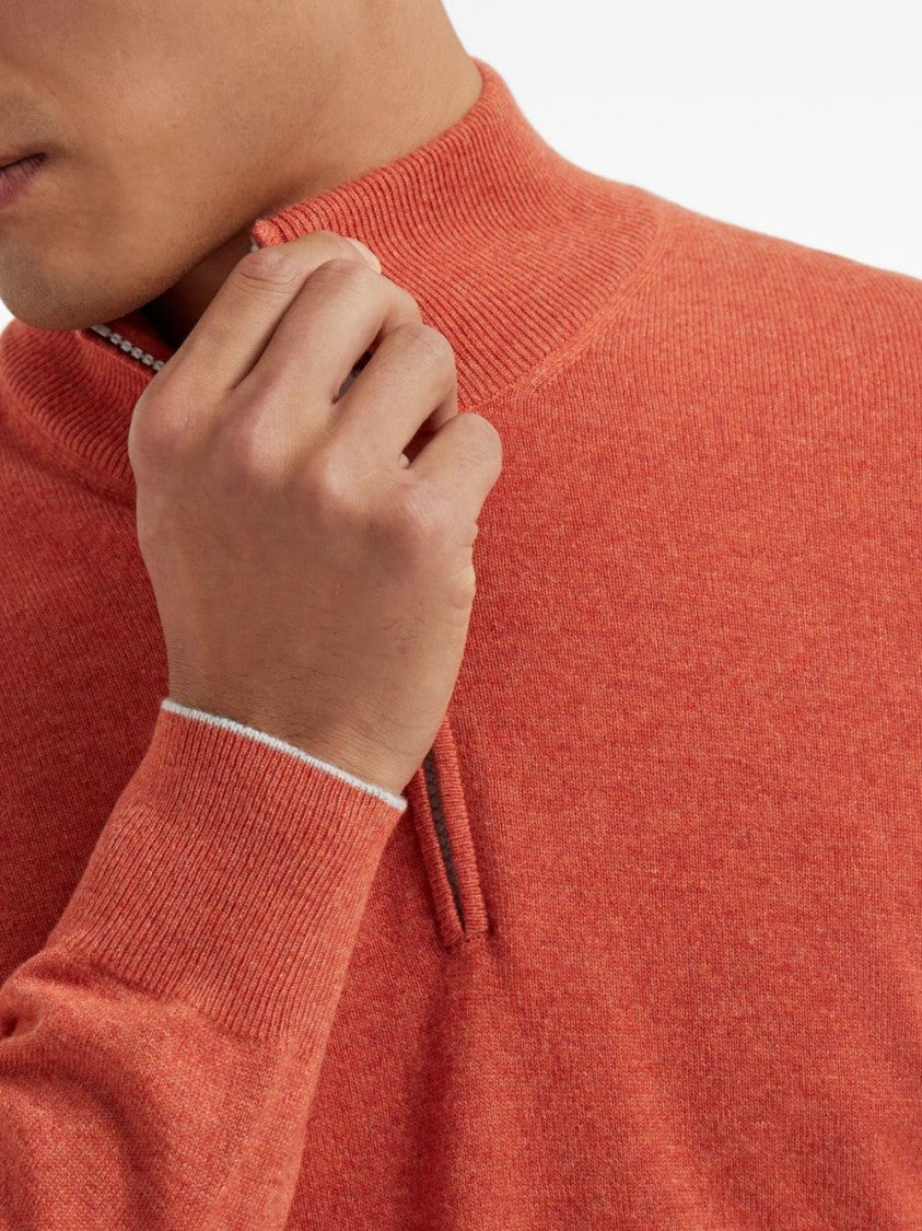 Brunello Cucinelli Ribbed Half-Zip Orange Sweater With High Collar