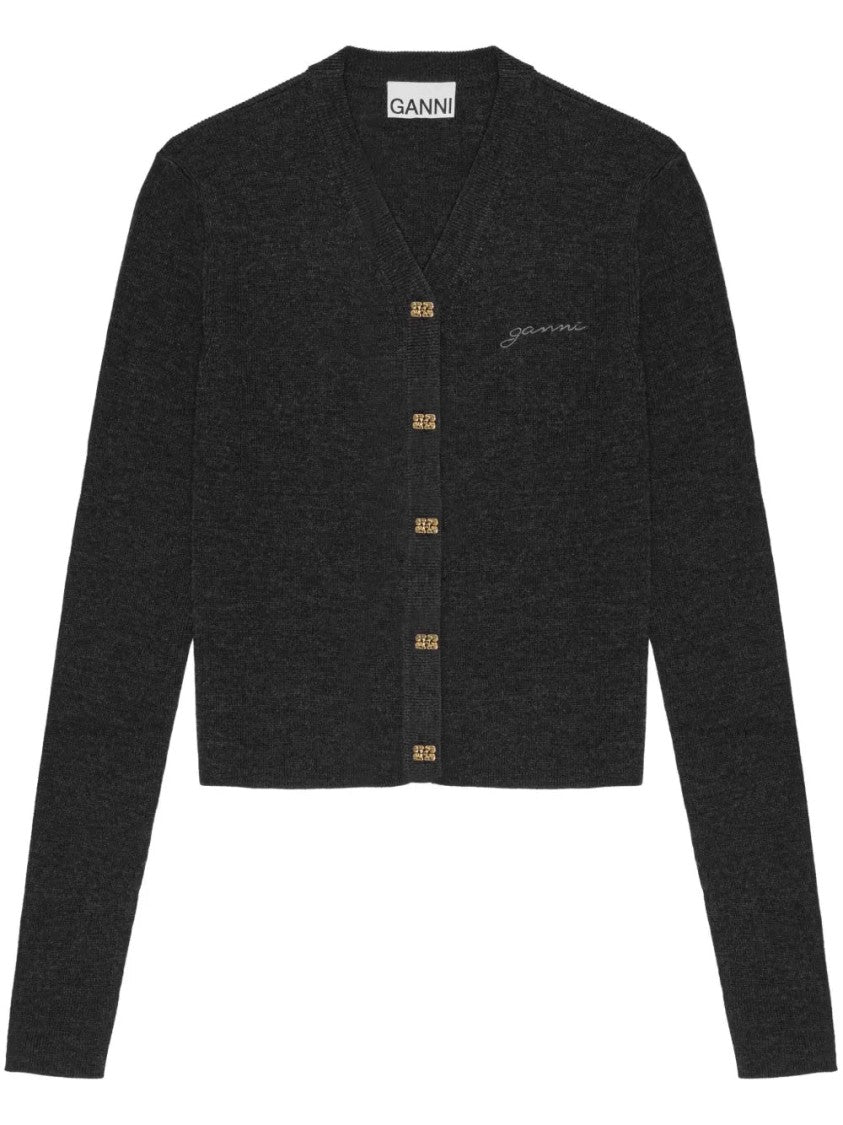 Ganni Cropped Wool Cardigan With Logo Embroidery