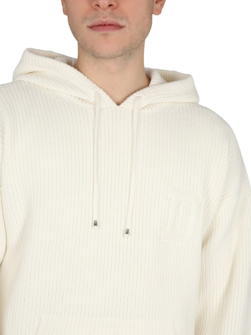 Drôle De Monsieur Ribbed White Hooded Shirt With Drawstring