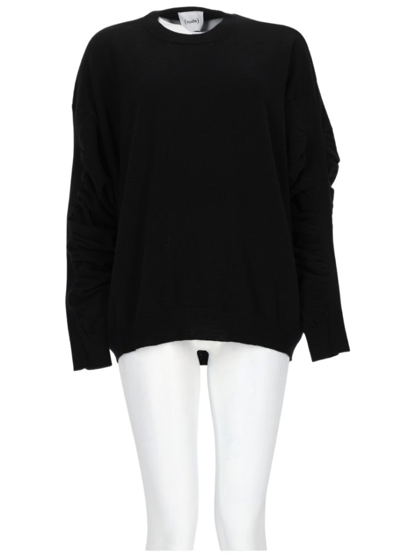 Nude Relaxed Fit Black Crew Neck Knit Sweater With Gathered Sleeves