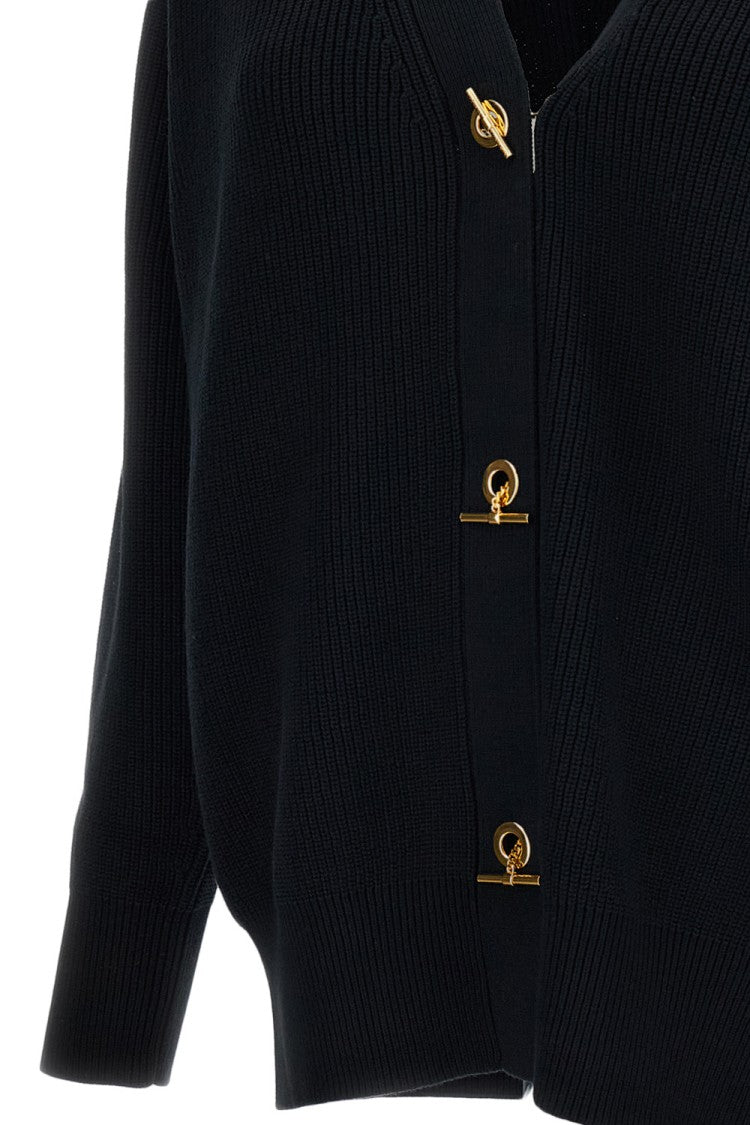Elisabetta Franchi Black Rib-Knit Gold Toggle Cardigan