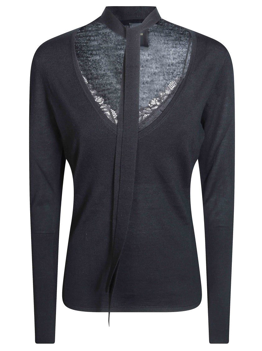 Pinko Soffio 100 Wool Lace Trim Knit Long Sleeve Top
