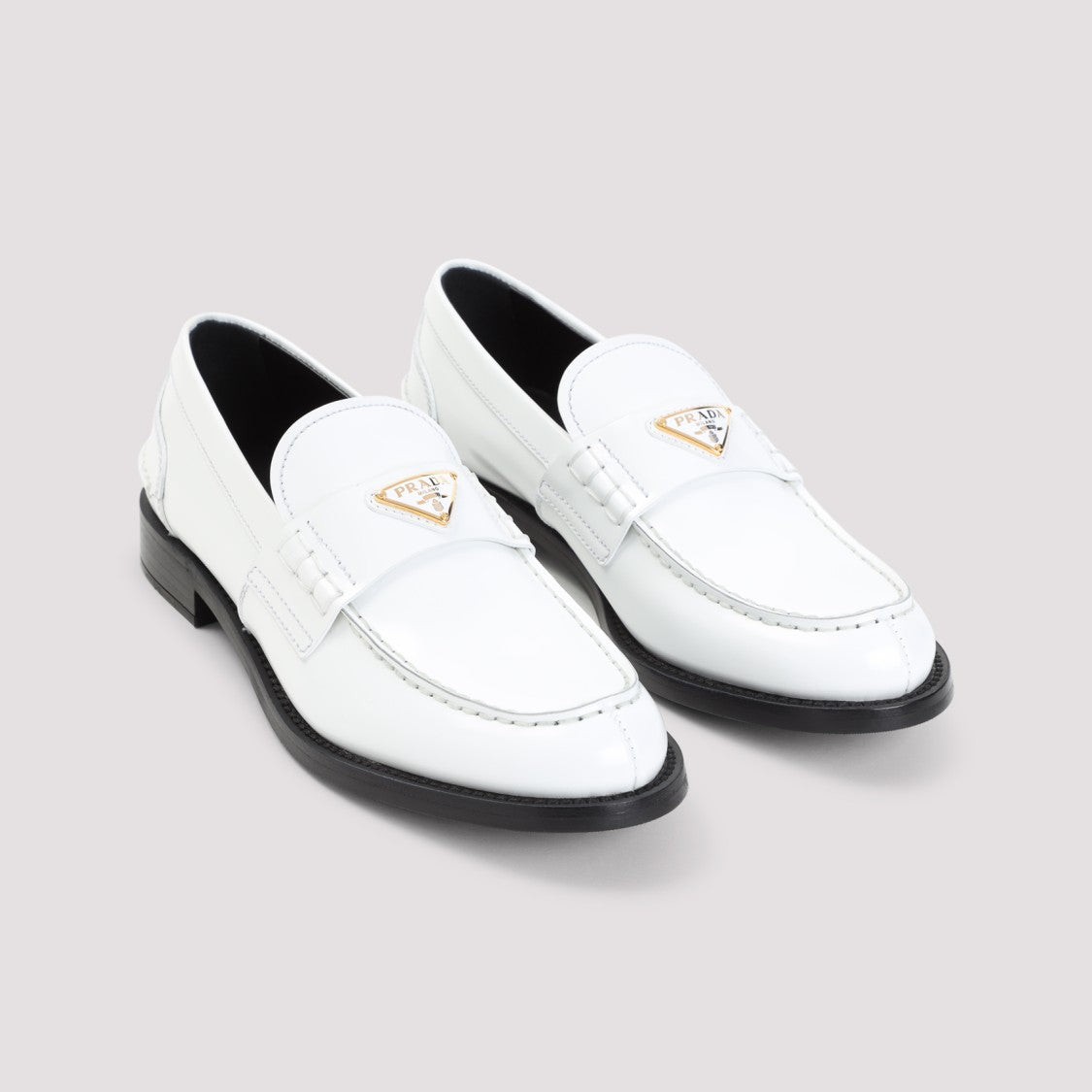 Prada Calf Leather White Loafers With Logo Embellishment