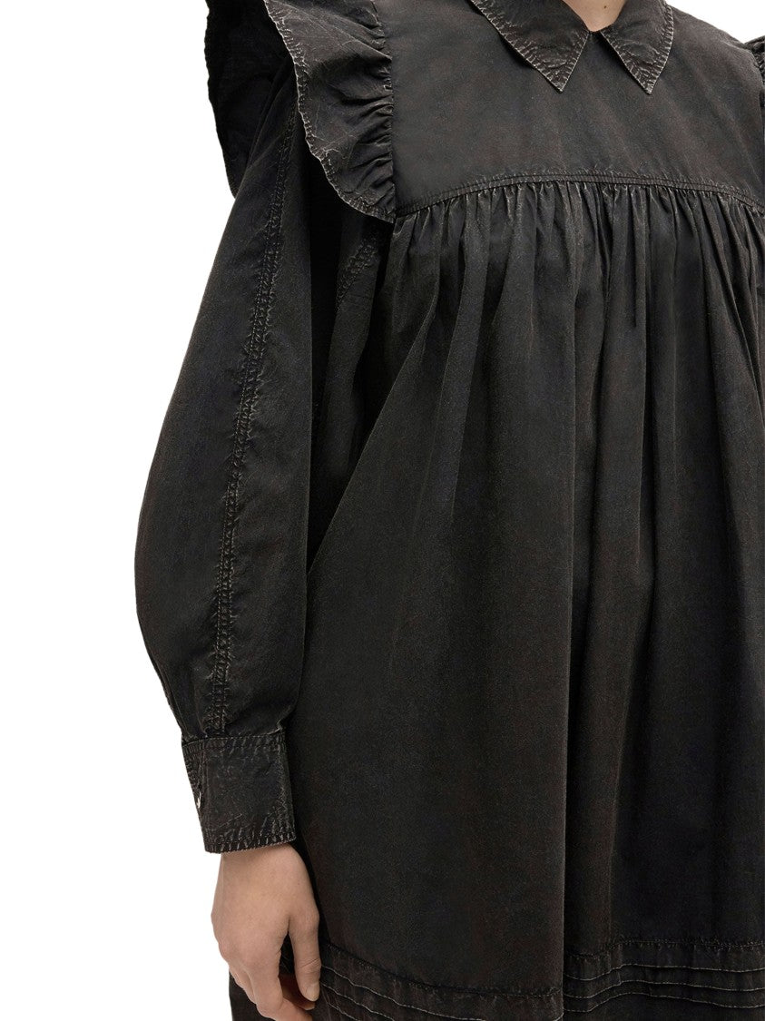 Ganni Garment Dyed Black Cotton Mini Frill Dress
