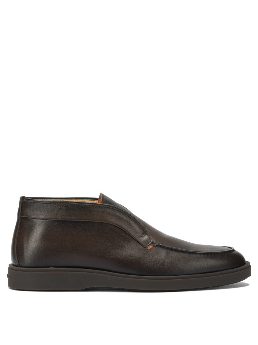 Santoni Brown Leather Loafers With Rounded Toe