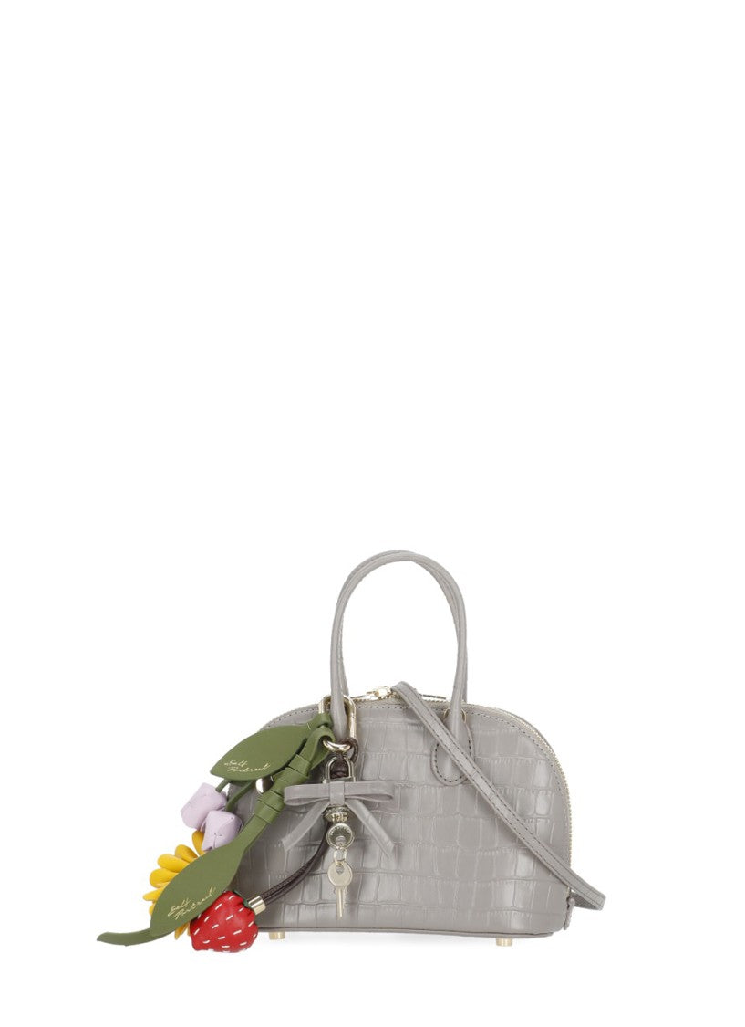 Self-Portrait Structured Crocodile-Embossed Grey Handbag With Decorative Charms