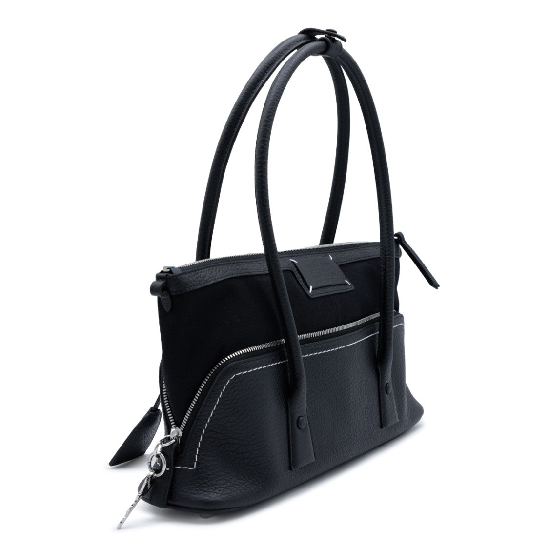 Maison Margiela 5Ac East West Black Leather Shoulder Bag With Textured Panels