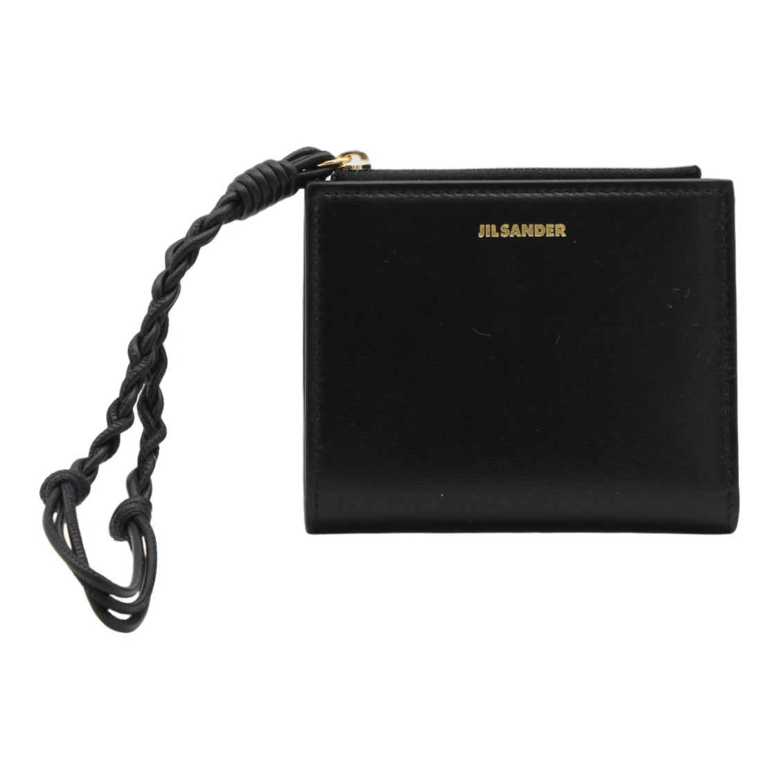 Jil Sander Compact Black Wallet With Gold Hardware And Braided Strap