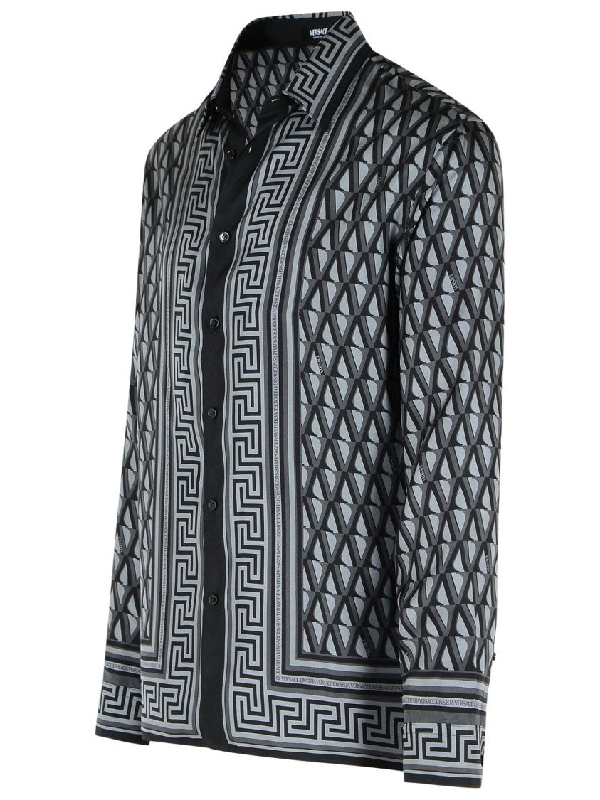 Versace Slim Shirt In Black And Gray Printed Silk Twill