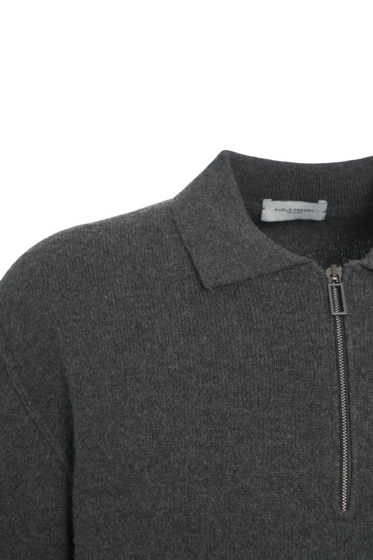 Paolo Pecora Dark Grey T-Neck Knitwear With Classic Polo Collar