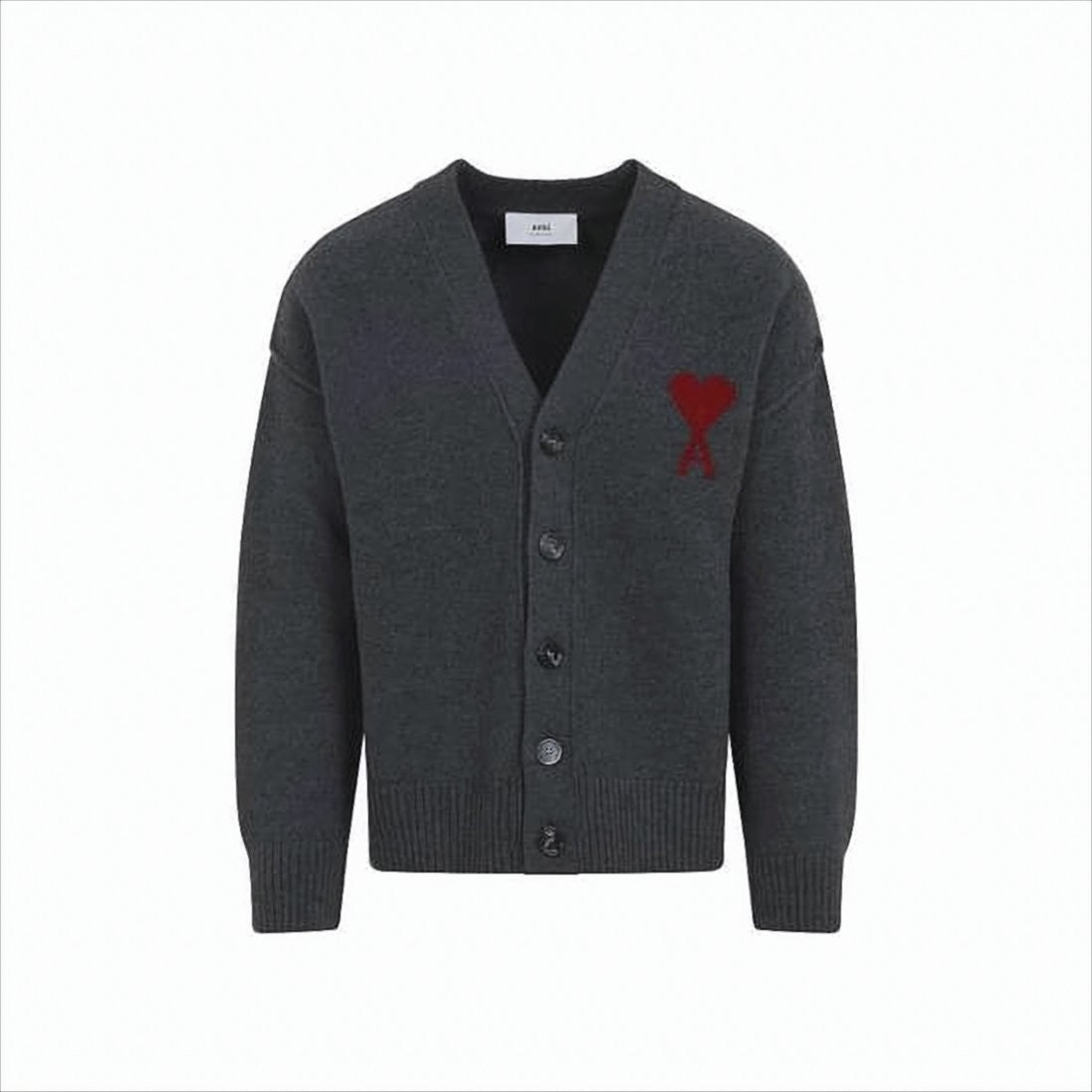 Ami Paris Dark Grey Wool Cardigan With V-Neckline