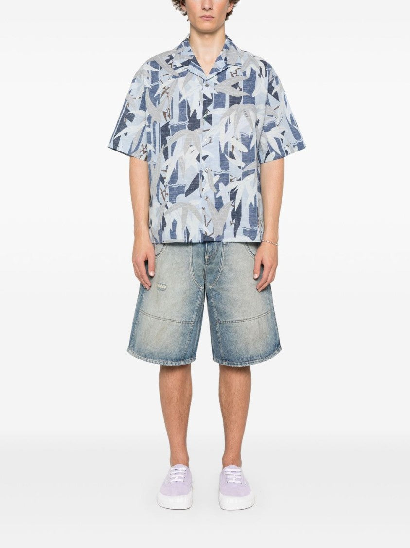 Kenzo Blue Camp Collar Box-Pleat Shirt