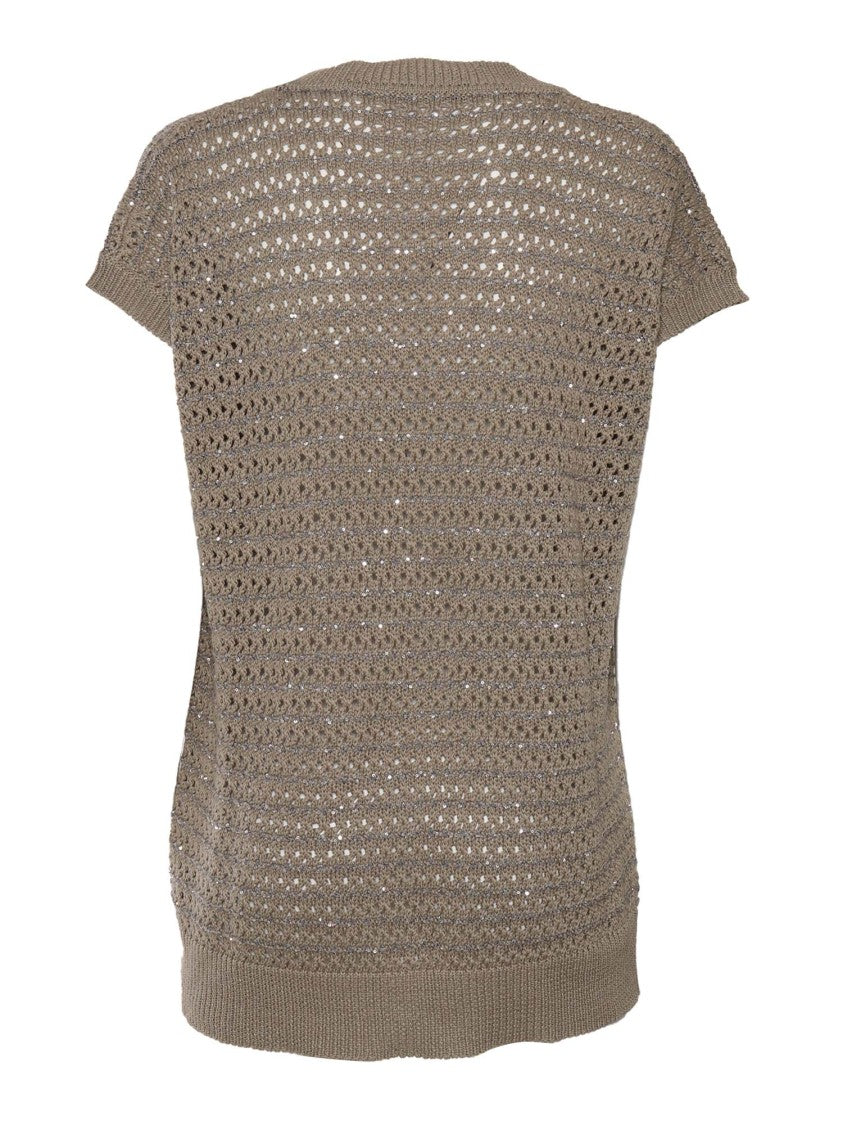 Fabiana Filippi Sequin Striped Crochet V Neck Cape Sleeve Sweater