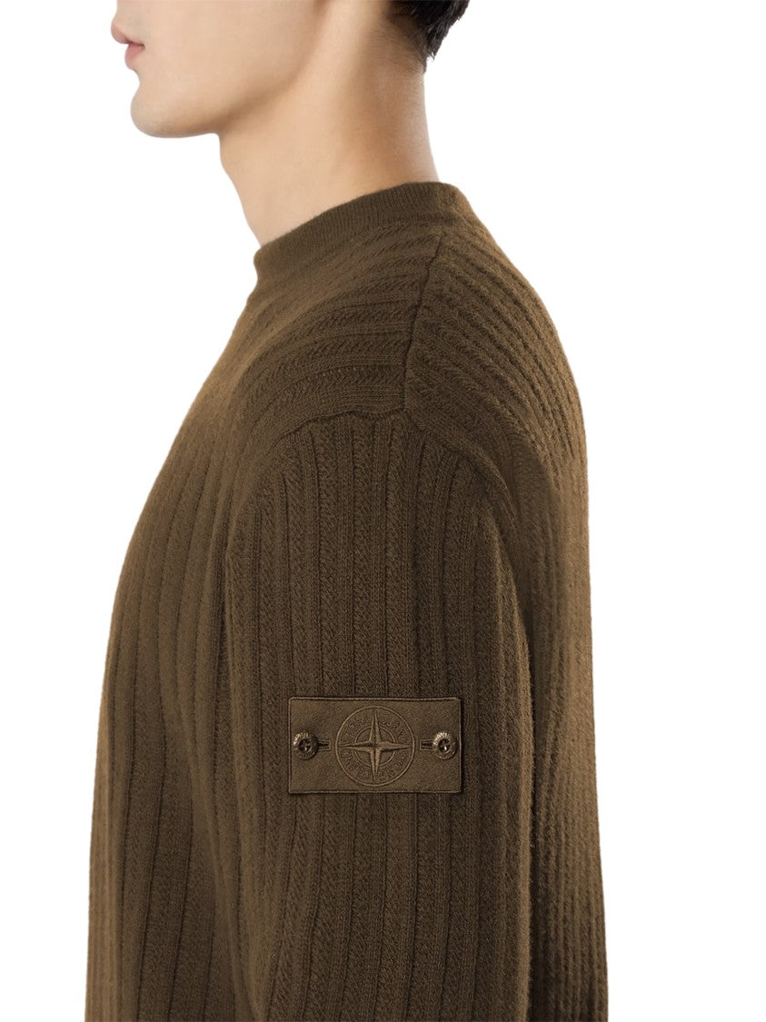 Stone Island Cashmere Virgin Wool Patch Detail Ribbed Crew Neck Sweater