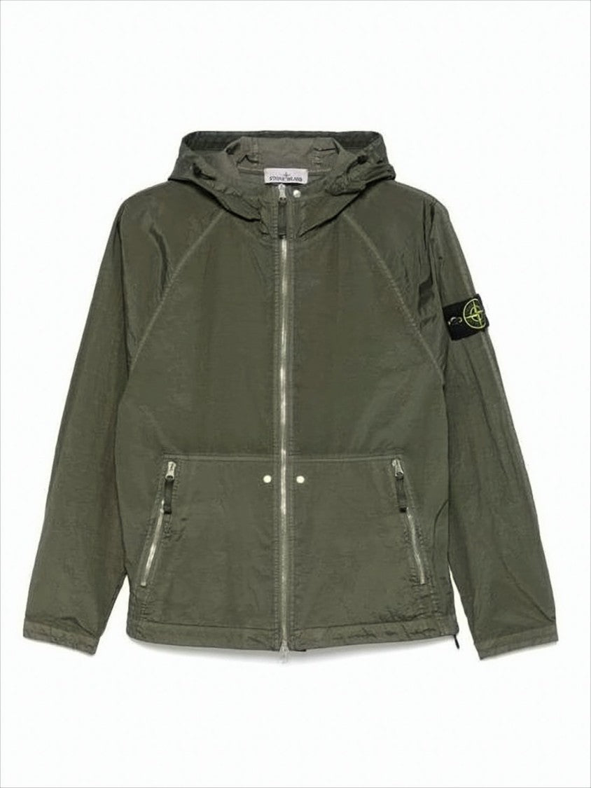 Stone Island Lightweight Hooded Green Jacket With Zipper Closure