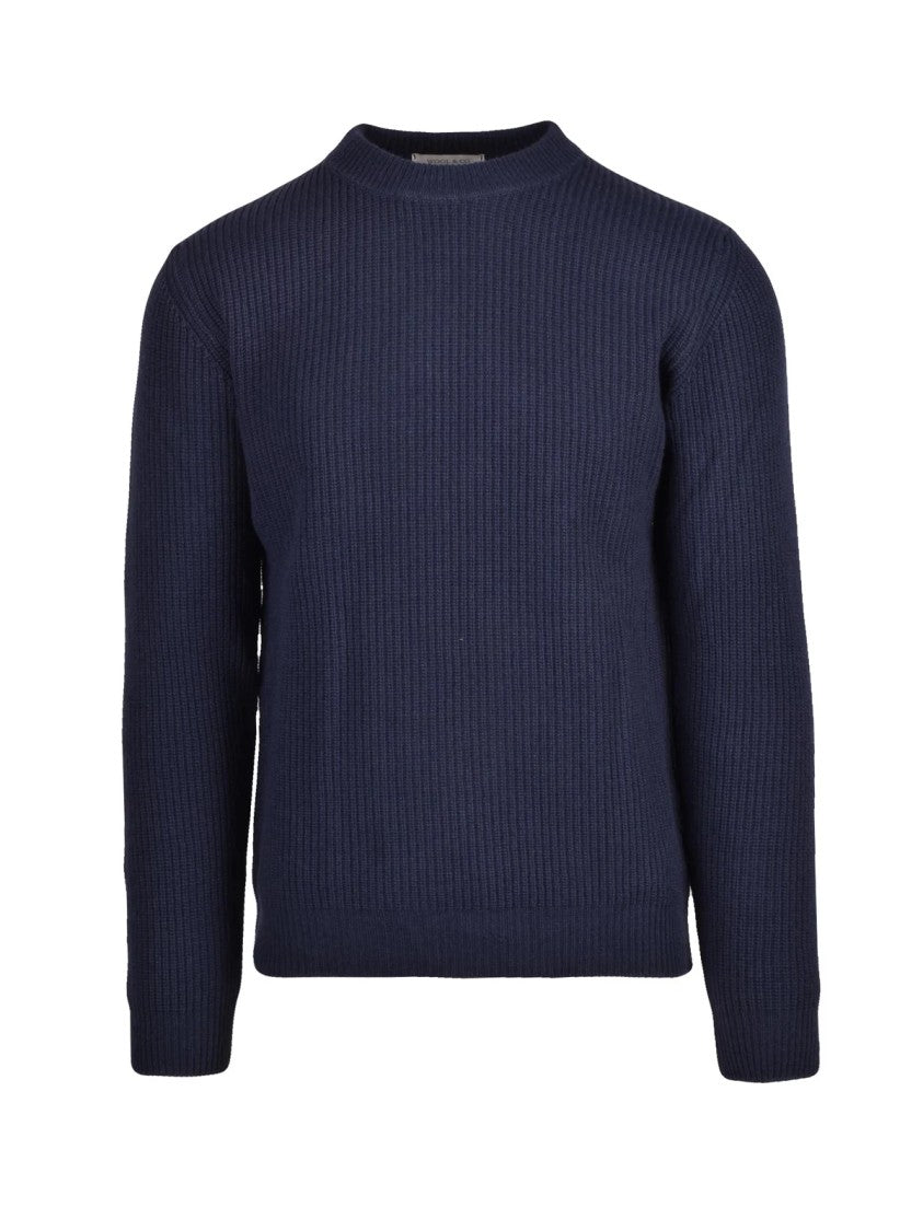 Wool & Co Ribbed Crew Neck Sweater In Intense Blue With Regular Fit