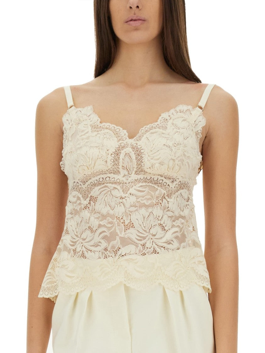 Rabanne Intricate Lace Top With Scalloped Hem