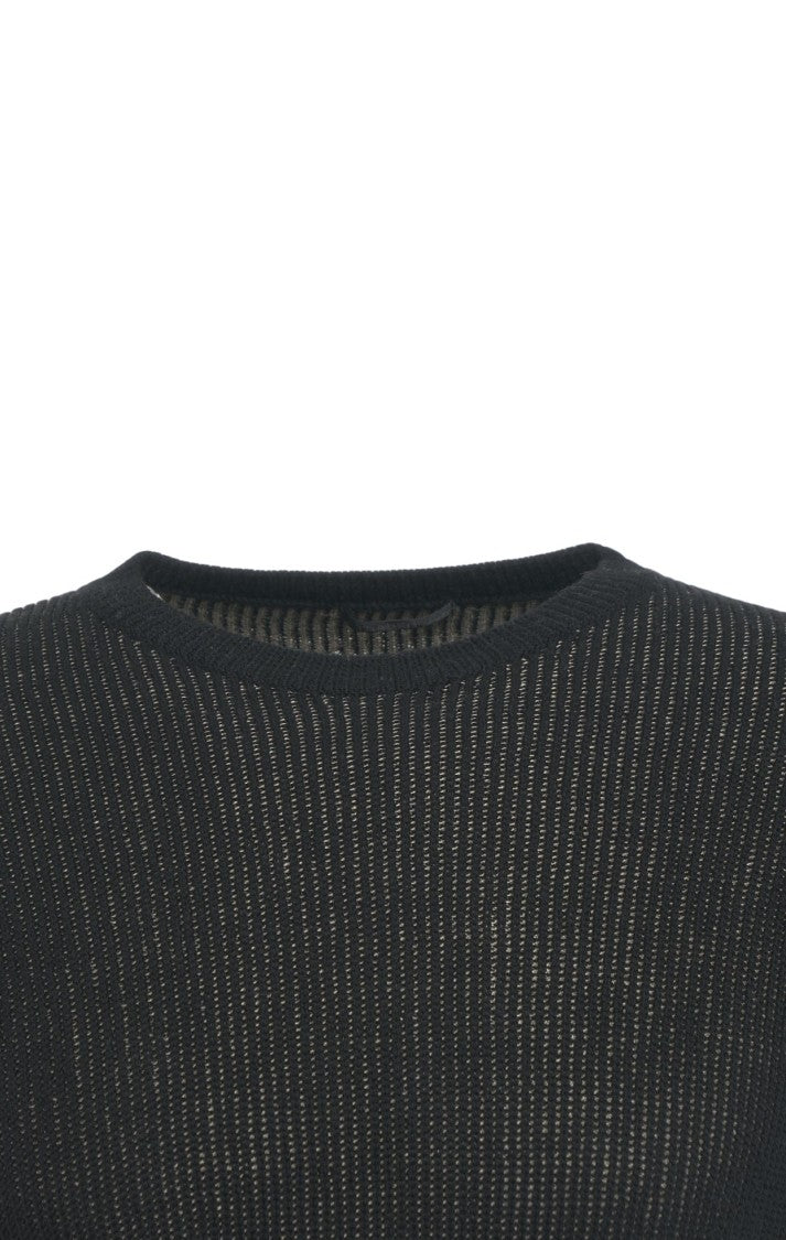 Transit Lightweight Black Pullover With Ribbed Trims And Classic Crew Neck