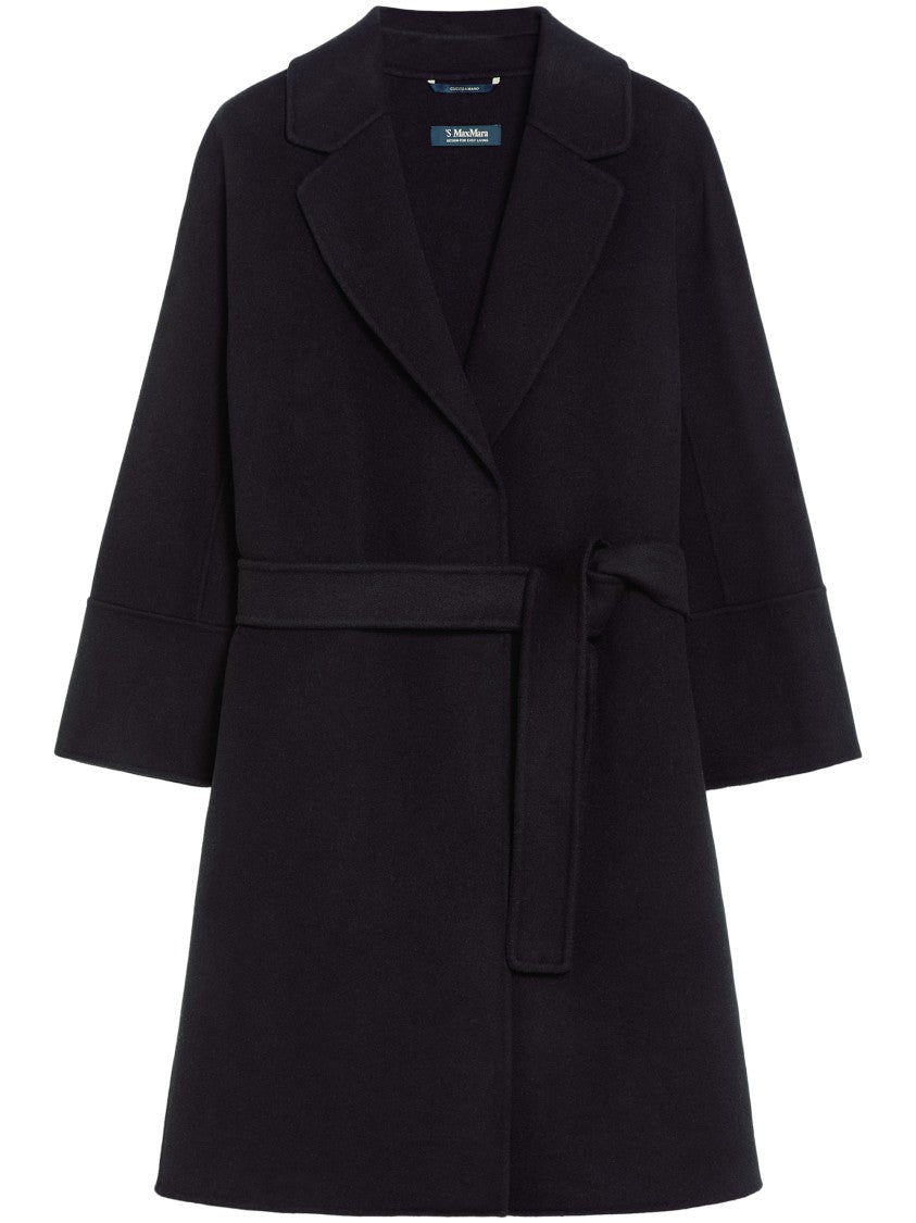 Max Mara Belted Black Coat With Wide Sleeves And Timeless Silhouette