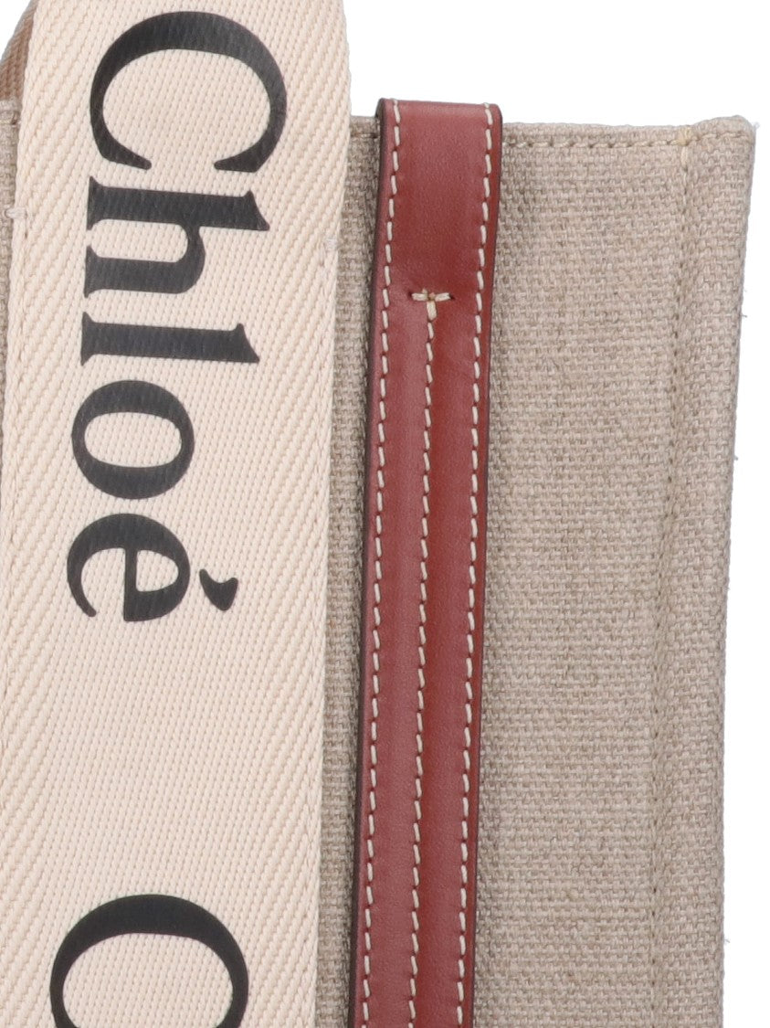 Chloé Woody Beige Linen Leather Trim Small Tote Bag