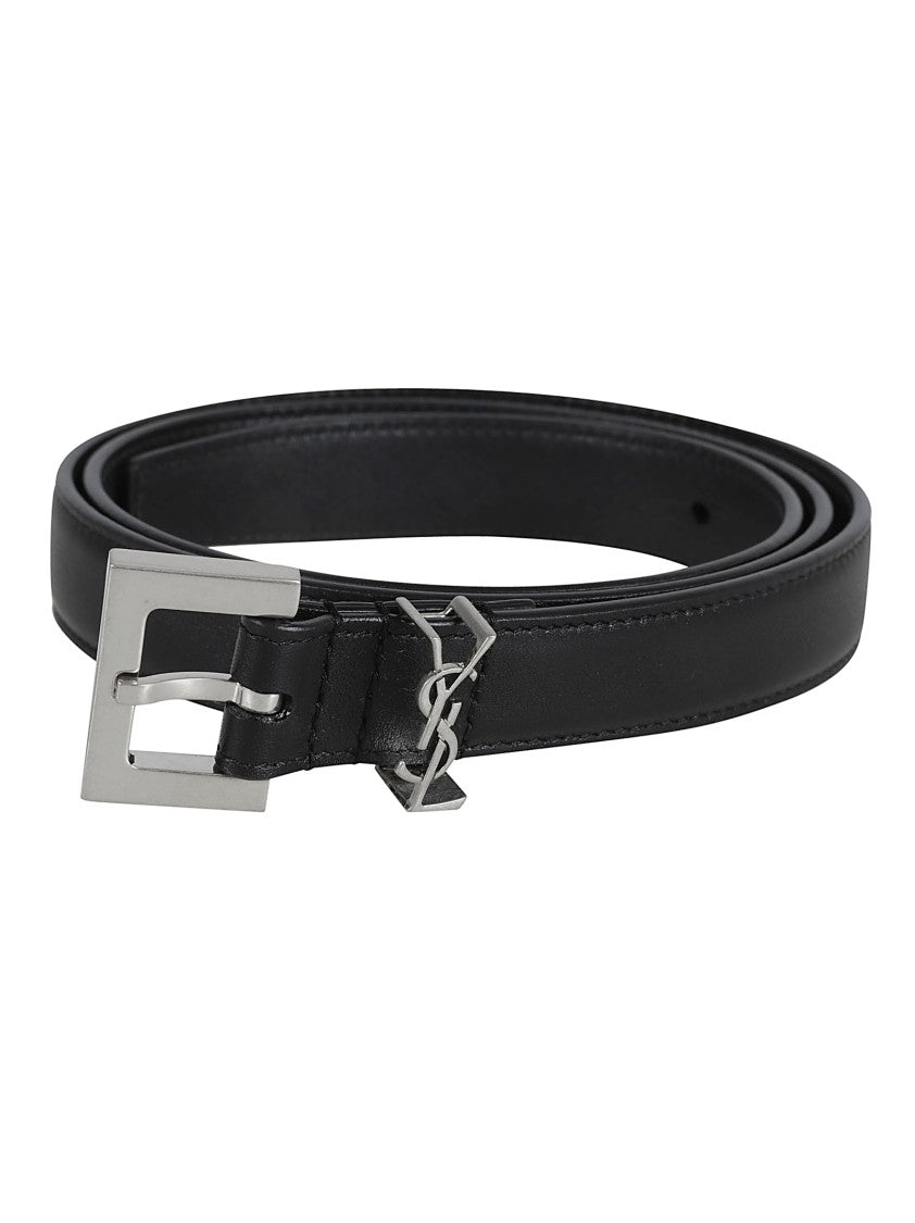 Saint Laurent Calfskin Black Belt With Silver-Tone Buckle