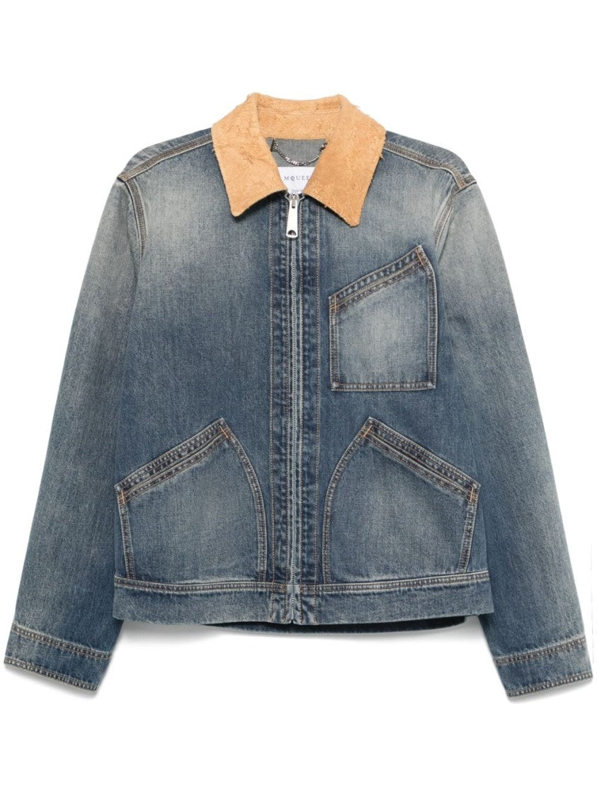 Alexander Mcqueen Tailored Denim Coat With Faux Shearling Collar