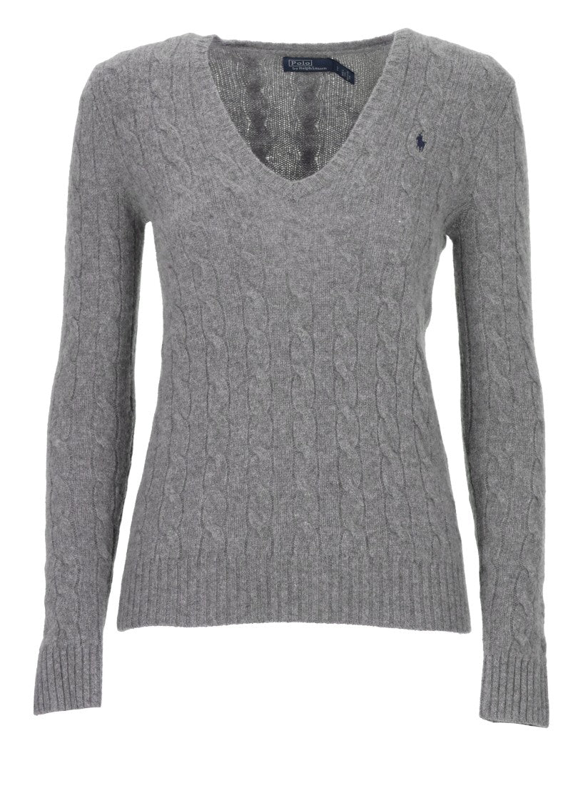 Polo Ralph Lauren Grey V-Neck Cable-Knit Wool Sweater
