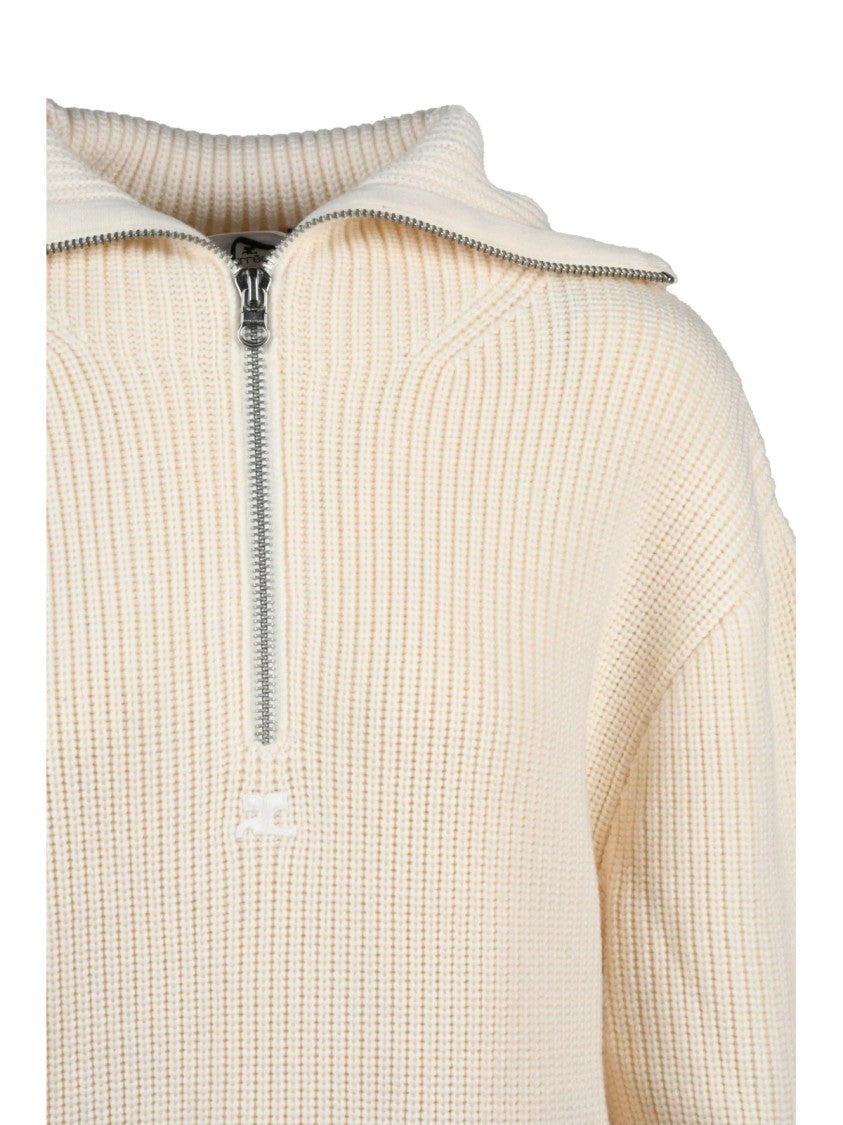 Courrèges Ribbed Knit Sweater With Half-Zip And Hood