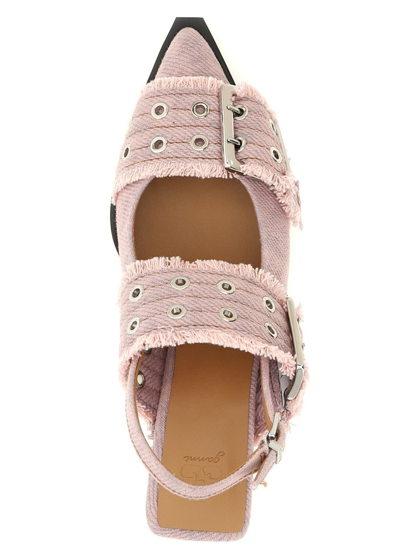 Ganni 'Feminine Buckle Fringed Denim' Slingback