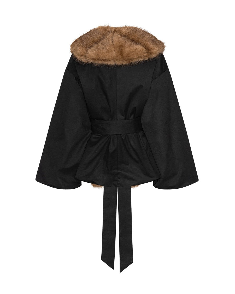 Rotate Contrast Textured Jacket With Bold Synthetic Fur Collar