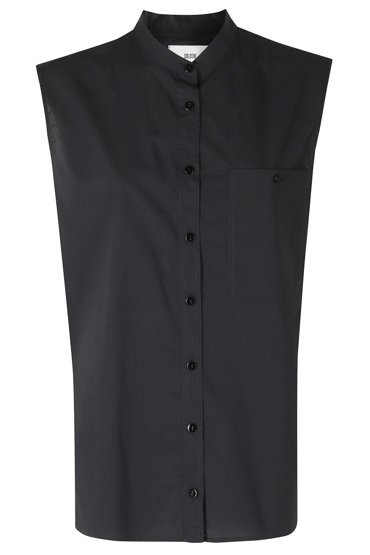 Solotre Black Button-Down Pocket Cotton Sleeveless Shirt