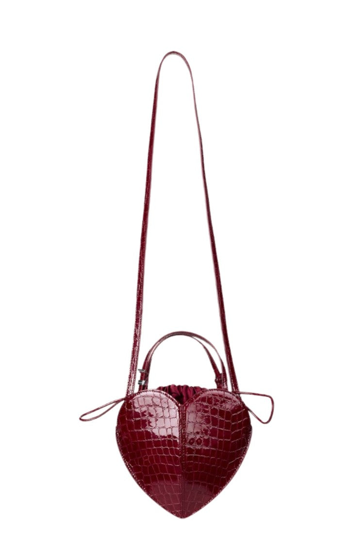 Rotate Shiny Crocodile-Effect Heart Bag With Adjustable Strap