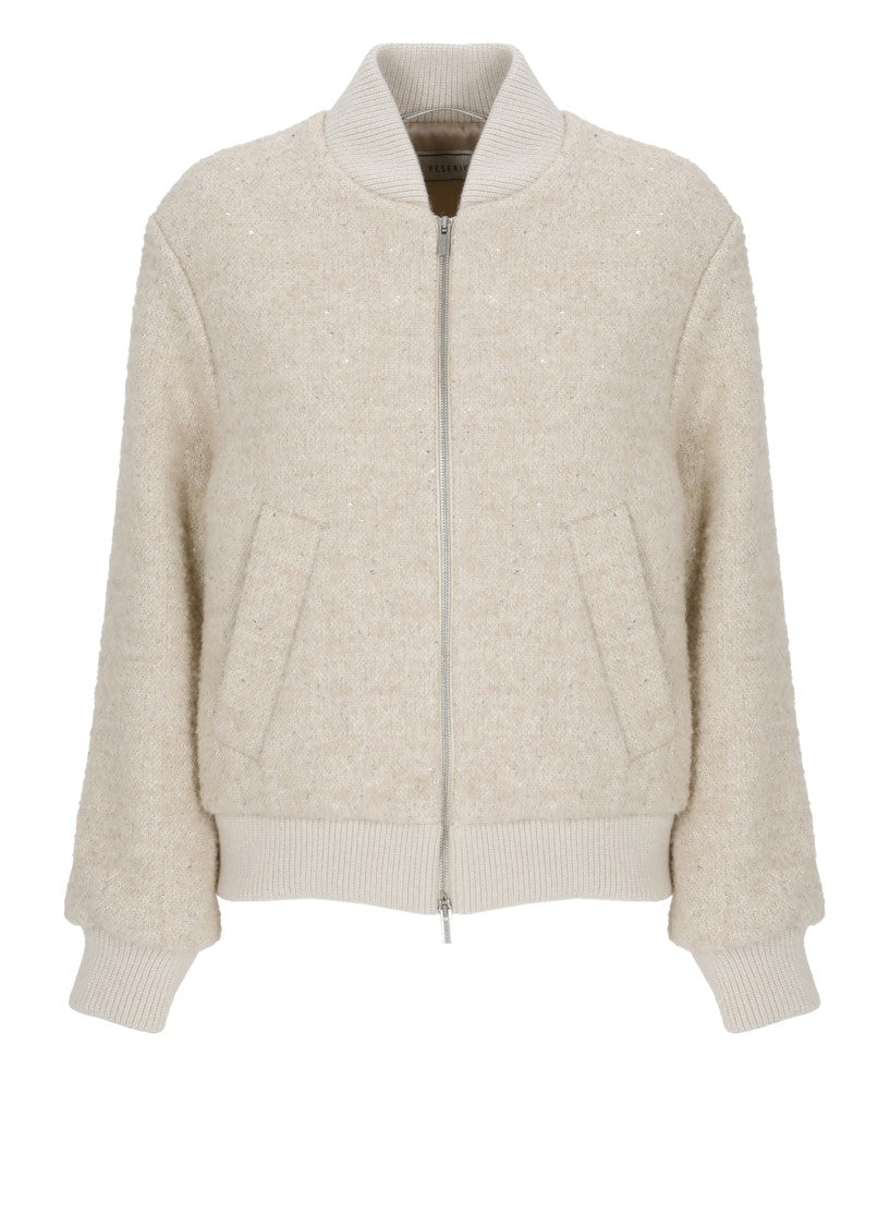 Peserico Beige Sequined Jacket With Ribbed Detailing And Zip Closure