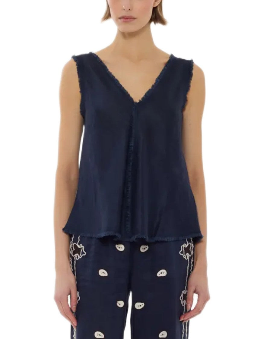 Parosh Linen Sleeveless Top With V-Neckline And Frayed Detailing
