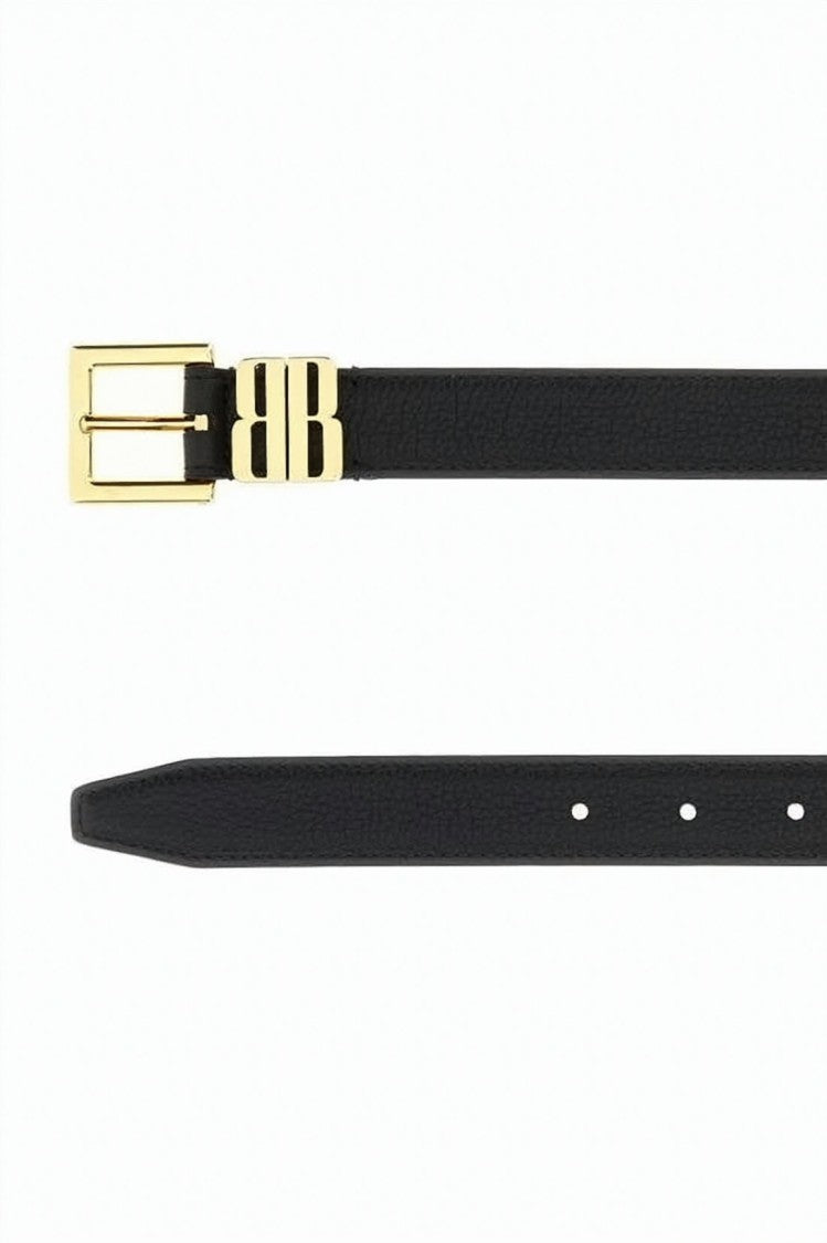Balenciaga Black Calfskin Smooth Leather Gold Buckle Belt
