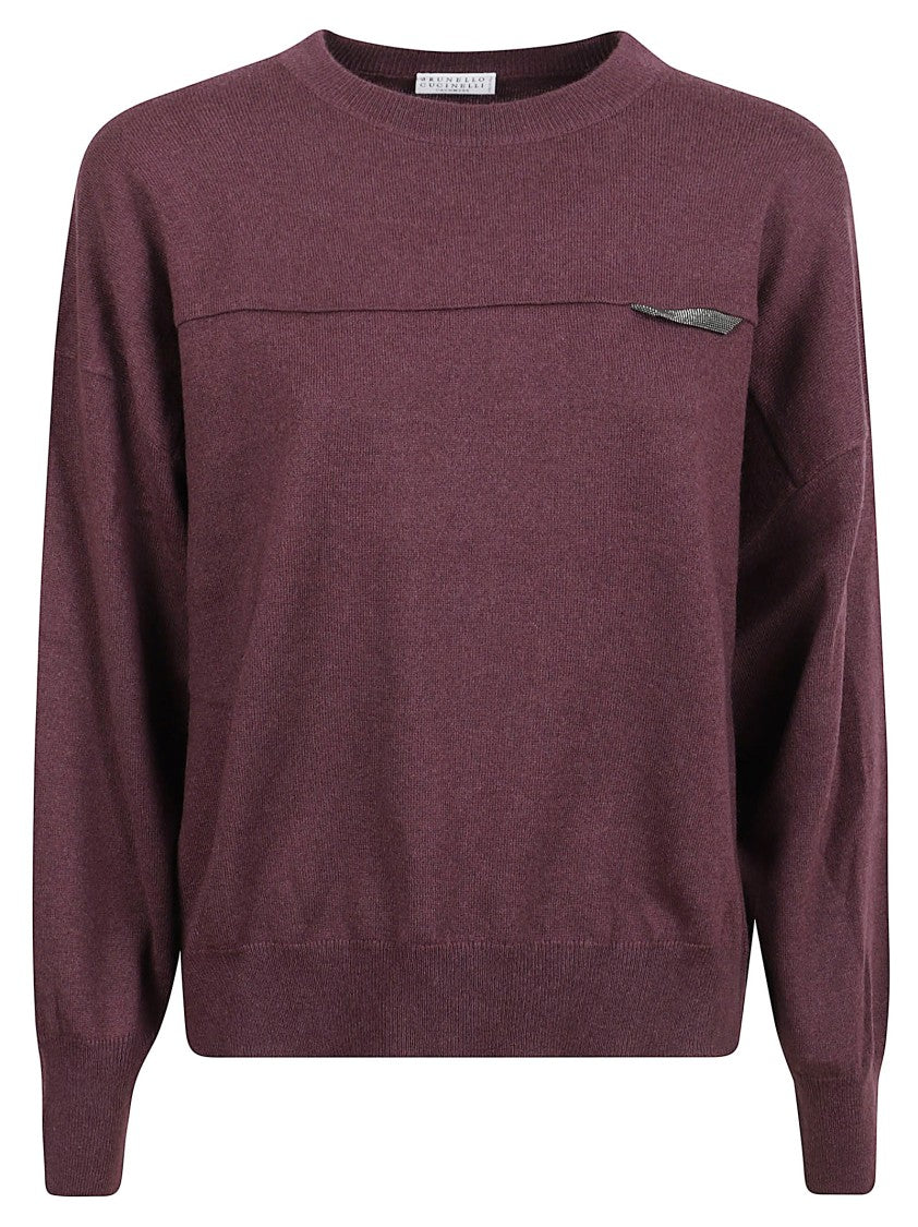 Brunello Cucinelli Burgundy Round Neck Cashmere Sweater With Faux-Pocket Detail