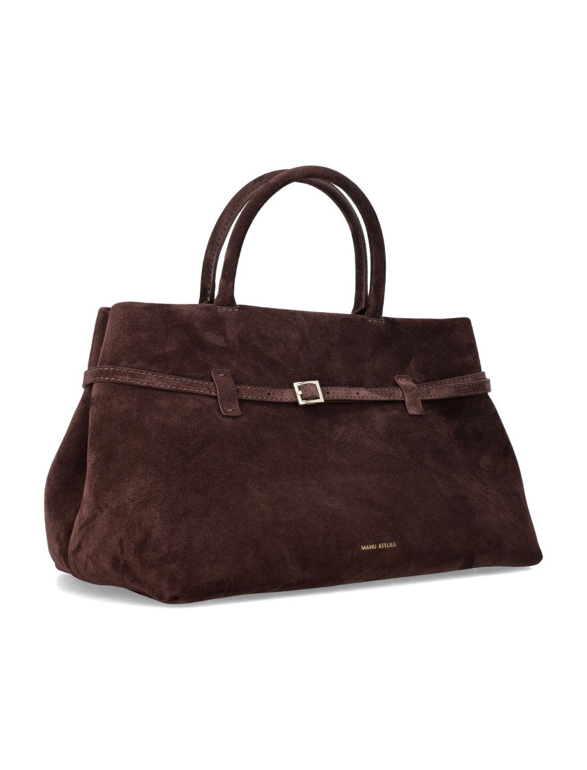Manu Atelier Le Cambon 35 Belted Gold Logo Structured Suede Shoulder Bag