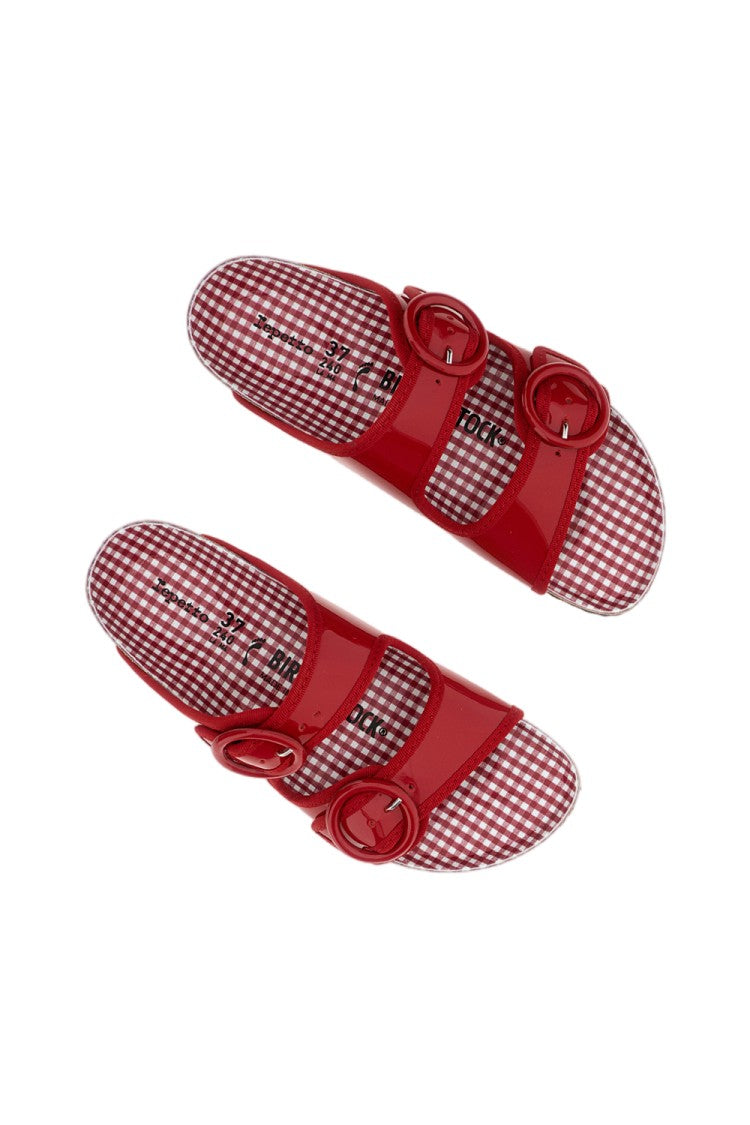 Birkenstock Ballet Flat Red Patent Leather Arizona Sandal With Round Buckles