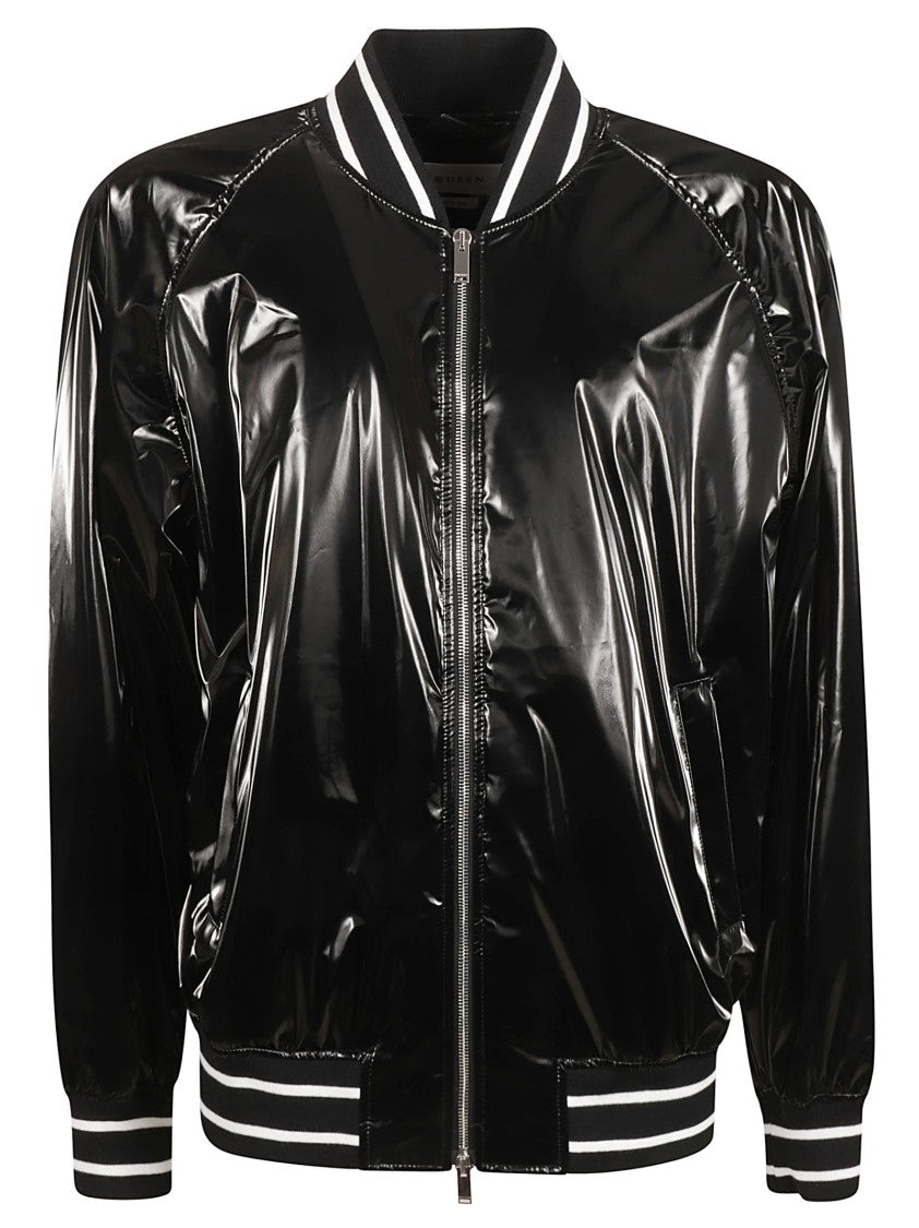 Alexander Mcqueen Glossy Black Bomber Jacket With Contrasting Stripes