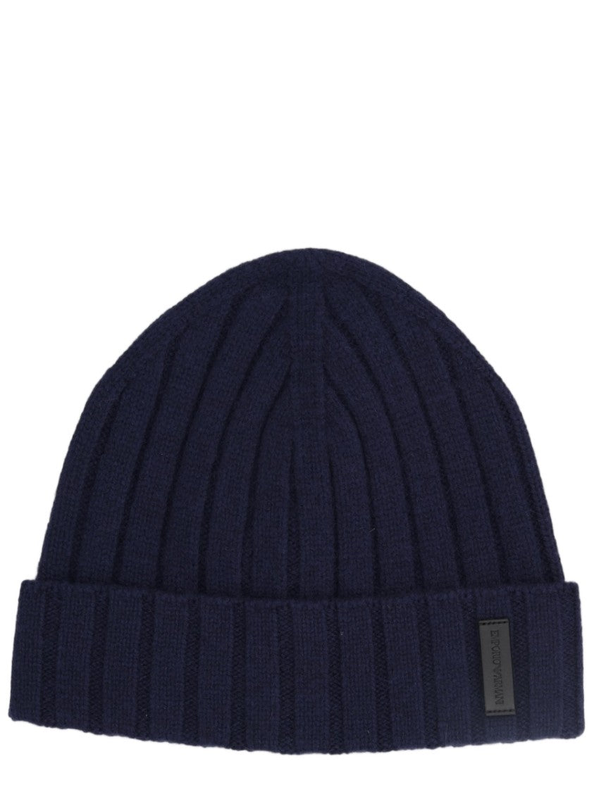 Emporio Armani Ribbed Knit Hat With Folded Cuff And Subtle Patch