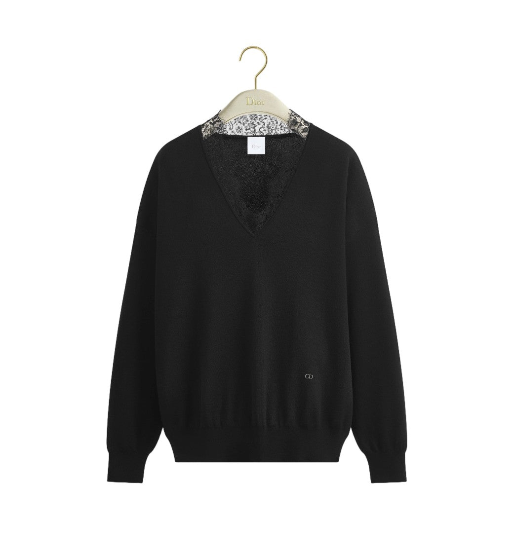 Christian Dior Knit Pullover With Deep V-Neckline And Lace Trim