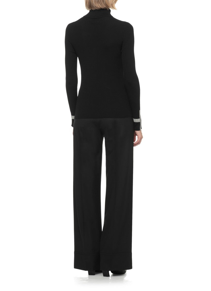 D. Exterior Black High Neck Ribbed Embellished Cuffs Wool Sweater