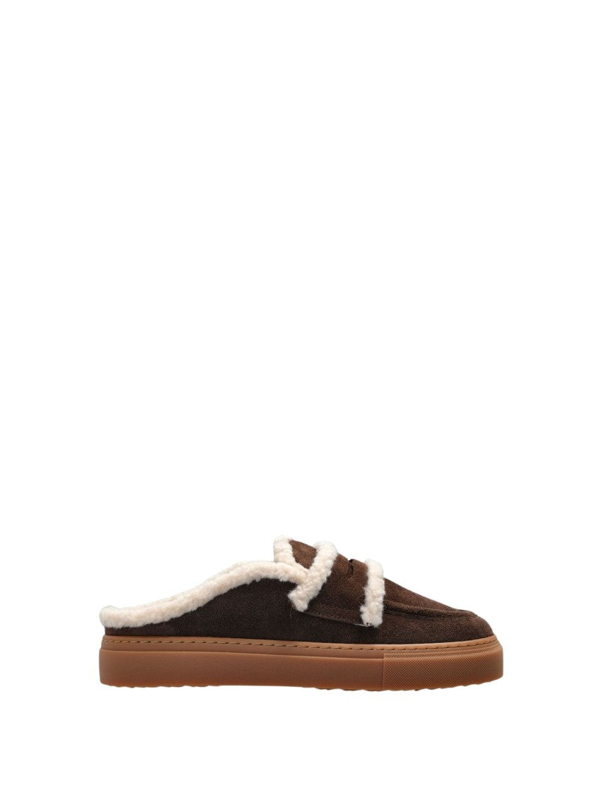 Inuikii Brown Suede Mules With Shearling Trim And Lambswool Lining